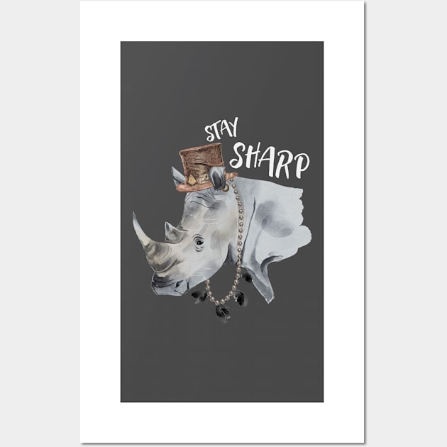 Stay Sharp Rhino Wearing Top Hat Wall Art by kansaikate